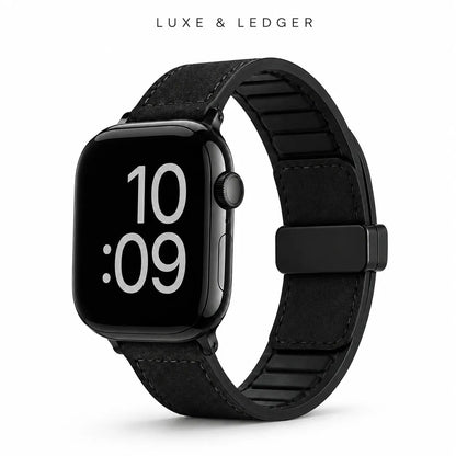 A black smartwatch with a textured black strap, shown on a clean white background with the brand name 'LUXE & LEDGER' printed at the top.