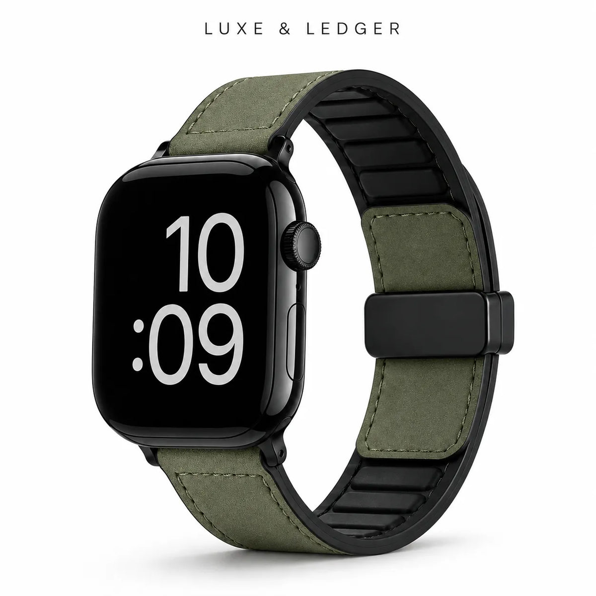 An olive green leather watch band with black accents, shown on a black smartwatch. The brand name 'LUXE & LEDGER' is printed in black text at the top of the image.