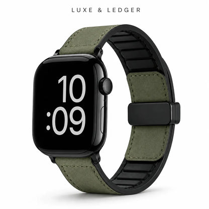An olive green leather watch band with black accents, shown on a black smartwatch. The brand name 'LUXE & LEDGER' is printed in black text at the top of the image.