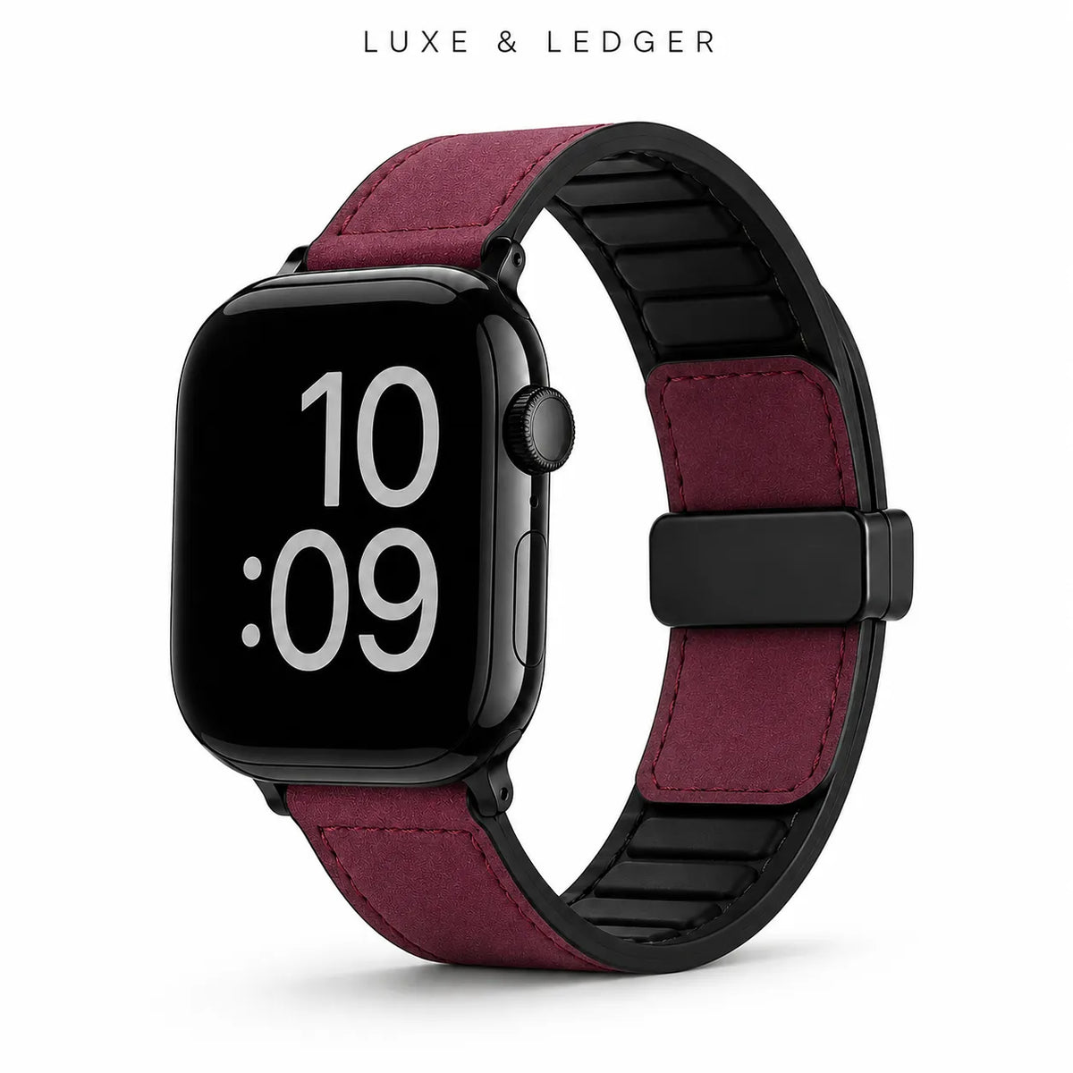 A black smartwatch with a burgundy and black woven strap, shown on a clean white background with the brand name 'LUXE & LEDGER' at the top.