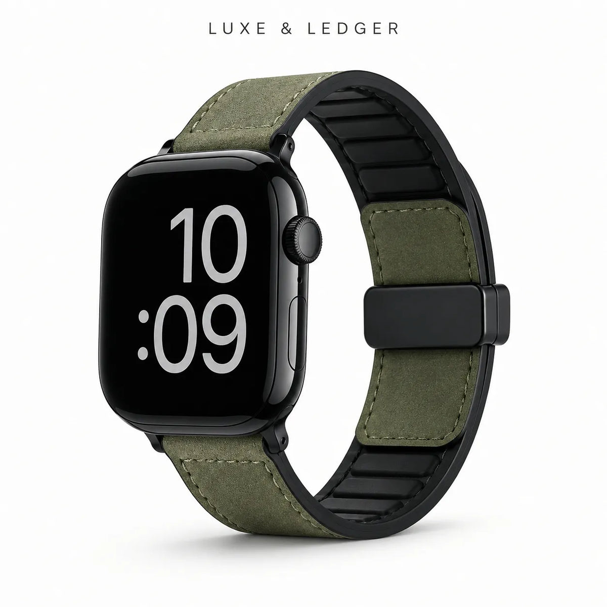 An olive green suede and canvas watch band with black trim, shown on a black smartwatch. The brand name 'LUXE & LEDGER' is printed in black at the top of the image.