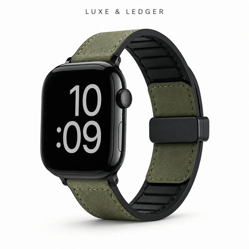 An olive green suede and canvas watch band with black trim, shown on a black smartwatch. The brand name 'LUXE & LEDGER' is printed in black at the top of the image.