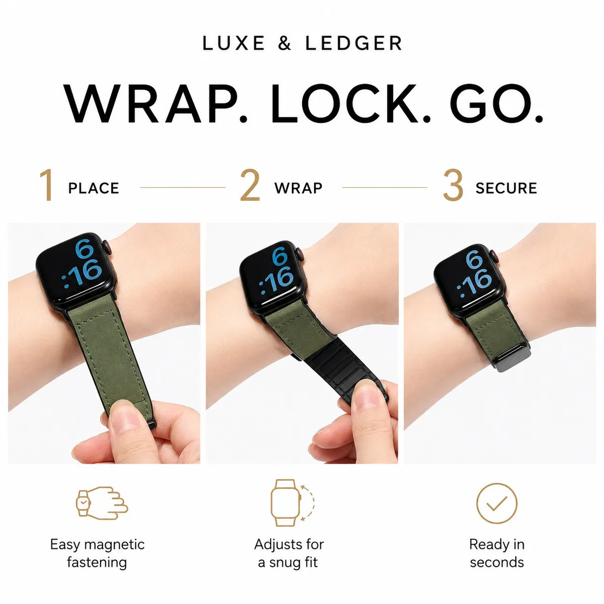Promotional graphic for a smartwatch band by Luxe & Ledger, showing three close-up wrist shots demonstrating how to place, wrap, and secure the olive green strap. Large text reads 'WRAP.
