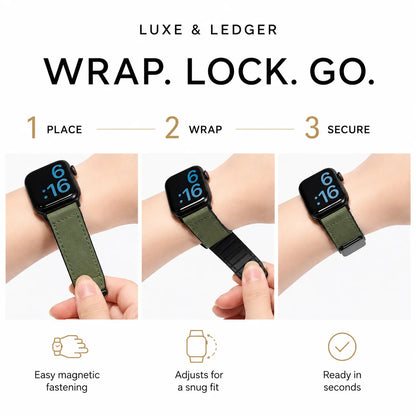 Promotional graphic for a smartwatch band by Luxe & Ledger, showing three close-up wrist shots demonstrating how to place, wrap, and secure the olive green strap. Large text reads 'WRAP.