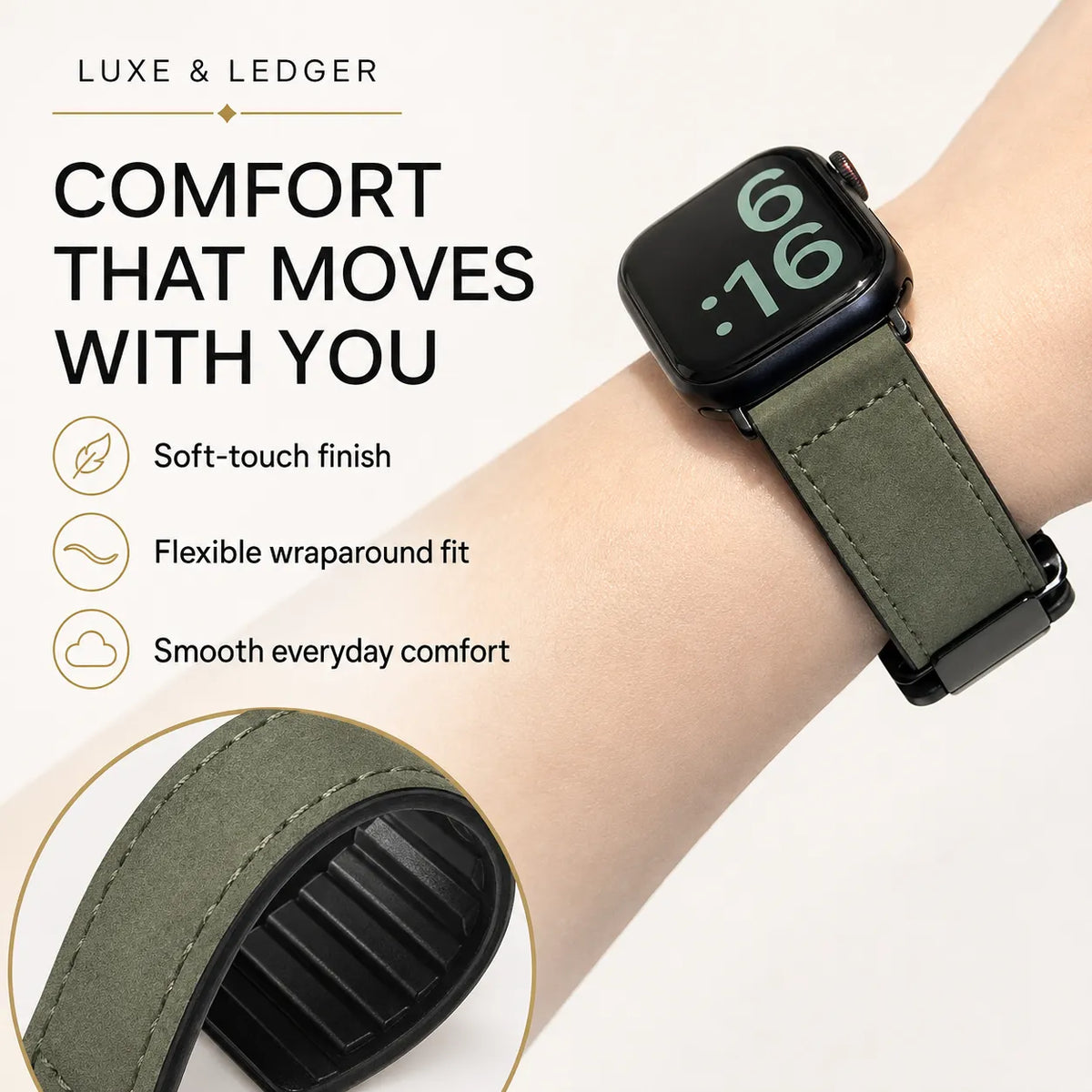 An olive green leather watch band shown on a person's wrist, with promotional text and feature callouts for Luxe & Ledger. The watch face is visible, and the image includes a close-up inset of the band material and texture.