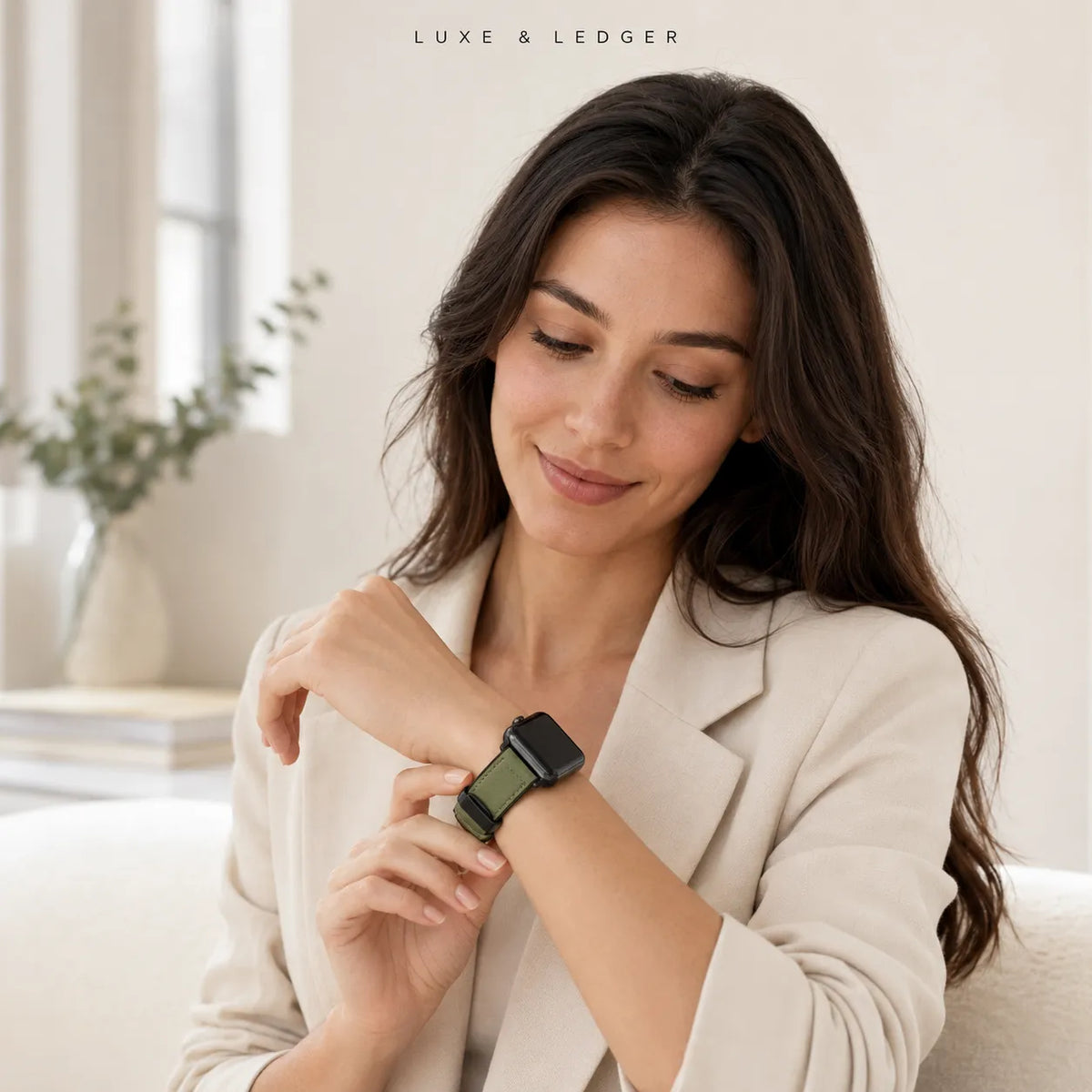 A woman in a beige blazer looks down at a black smartwatch with a green band worn on her wrist in a bright, modern indoor setting. The text 'LUXE & LEDGER' is visible at the top.