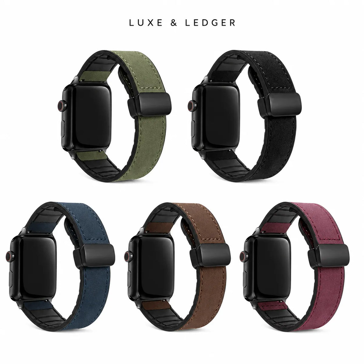 Five smartwatch bands shown on watch faces against a light gray background, with the text 'LUXE & LEDGER' at the top. The bands are in olive green, black, navy blue, brown, and burgundy.