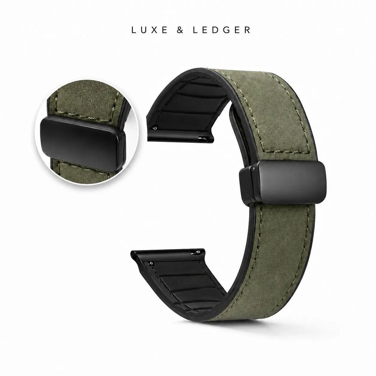 An olive green and black smartwatch band shown on a white background, with a circular inset highlighting the clasp detail and the text 'LUXE & LEDGER' above.
