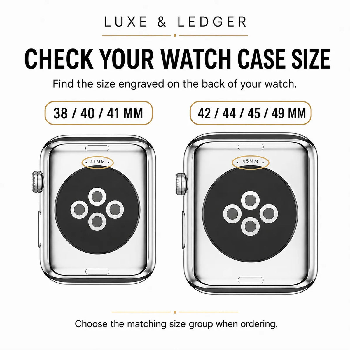 A size guide graphic for Luxe & Ledger watch case sizes, showing two clear cases with black circular inserts and watch faces. The left case is labeled 38 / 40 / 41 mm and the right case is labeled 42 / 44 / 45 / 49 mm, with text above and below explaining how to check and choose the correct size.