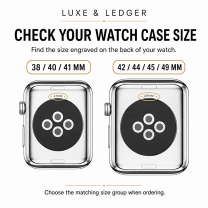 A size guide graphic for Luxe & Ledger watch case sizes, showing two clear cases with black circular inserts and watch faces. The left case is labeled 38 / 40 / 41 mm and the right case is labeled 42 / 44 / 45 / 49 mm, with text above and below explaining how to check and choose the correct size.