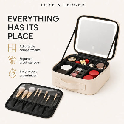 Luxe & Ledger makeup organizer case shown open with cosmetics inside and a separate brush roll accessory below, on a clean light beige background with marketing text highlighting compartments, brush storage, and organization.