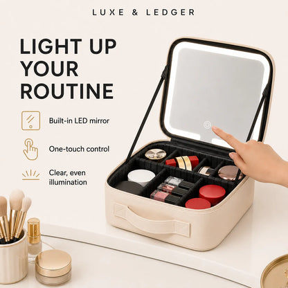 A beige LED makeup vanity case shown open on a white surface, with a hand touching the built-in mirror. The case contains organized cosmetics and is surrounded by cosmetic props.