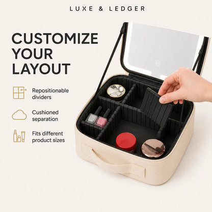 A beige cosmetic organizer case with an open mirror lid and black interior dividers, shown on a light neutral background. A hand is adjusting a black insert tray inside the case.