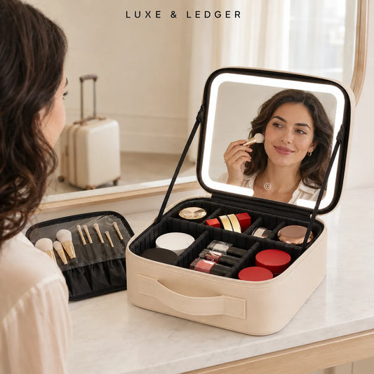 A woman applies makeup while looking into an open Luxe & Ledger makeup case with an integrated LED mirror. The beige cosmetic case is open on a light marble counter, showing organized makeup items inside, with the brand name 'LUXE & LEDGER' printed at the top of the image.