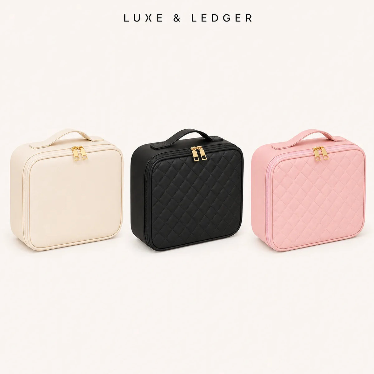 Three quilted cosmetic cases from Luxe & Ledger in cream, black, and pink, arranged side-by-side on a light beige background with the brand name printed at the top.