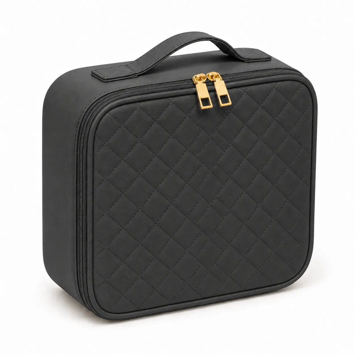 A black quilted cosmetic case with a top handle and gold-tone zipper pulls, shown on a clean white background.