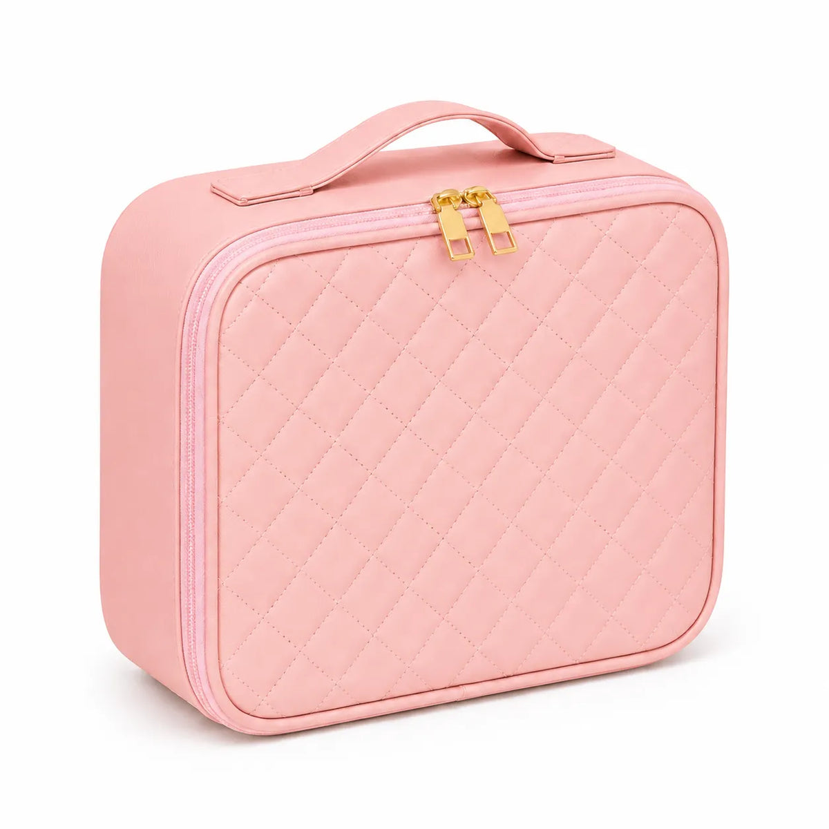 A light pink quilted cosmetic case with a top handle and gold-tone zipper pulls, shown on a clean white background.