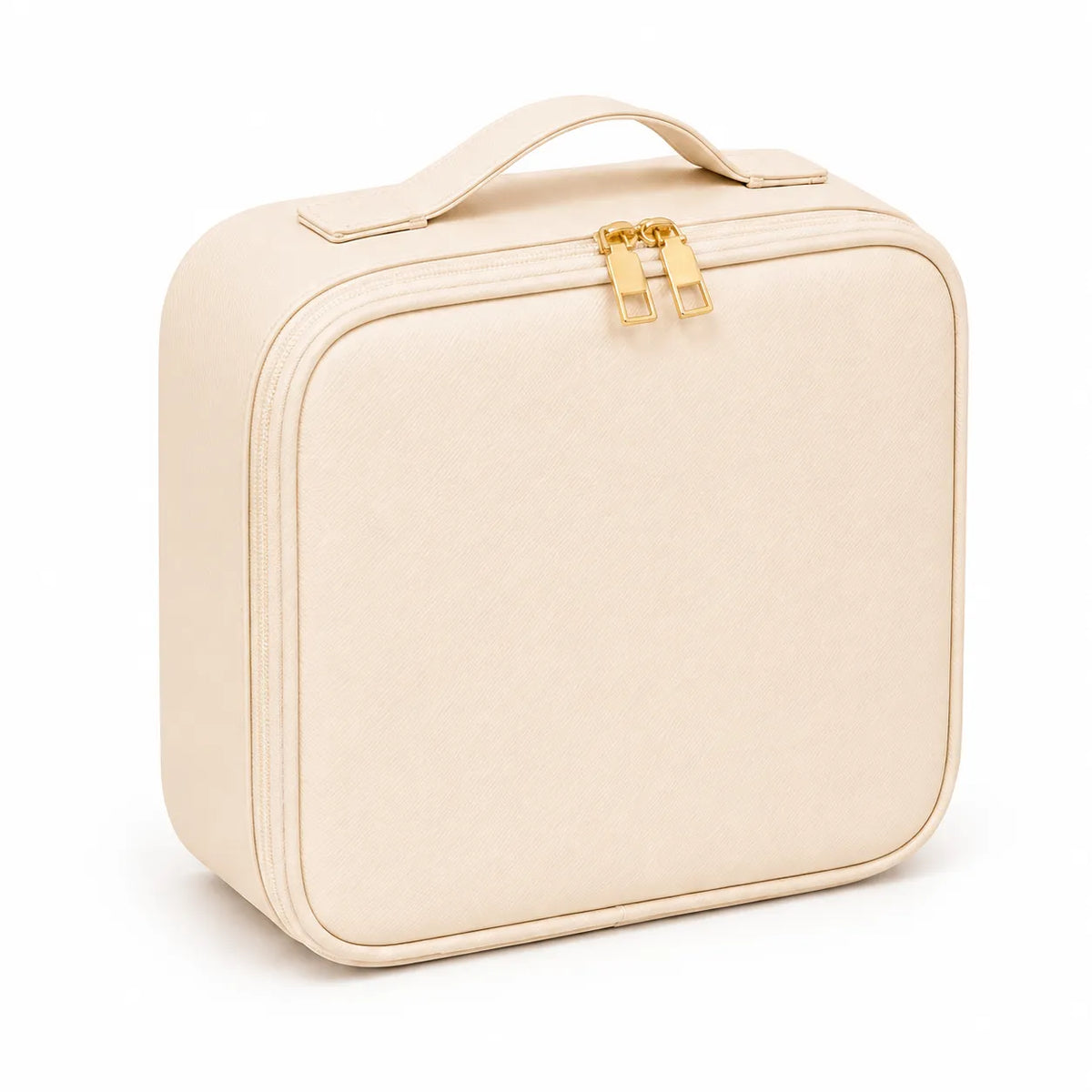 A cream-colored soft-sided rectangular case with rounded corners, a top handle, and gold-tone zipper pulls, shown on a plain white background.