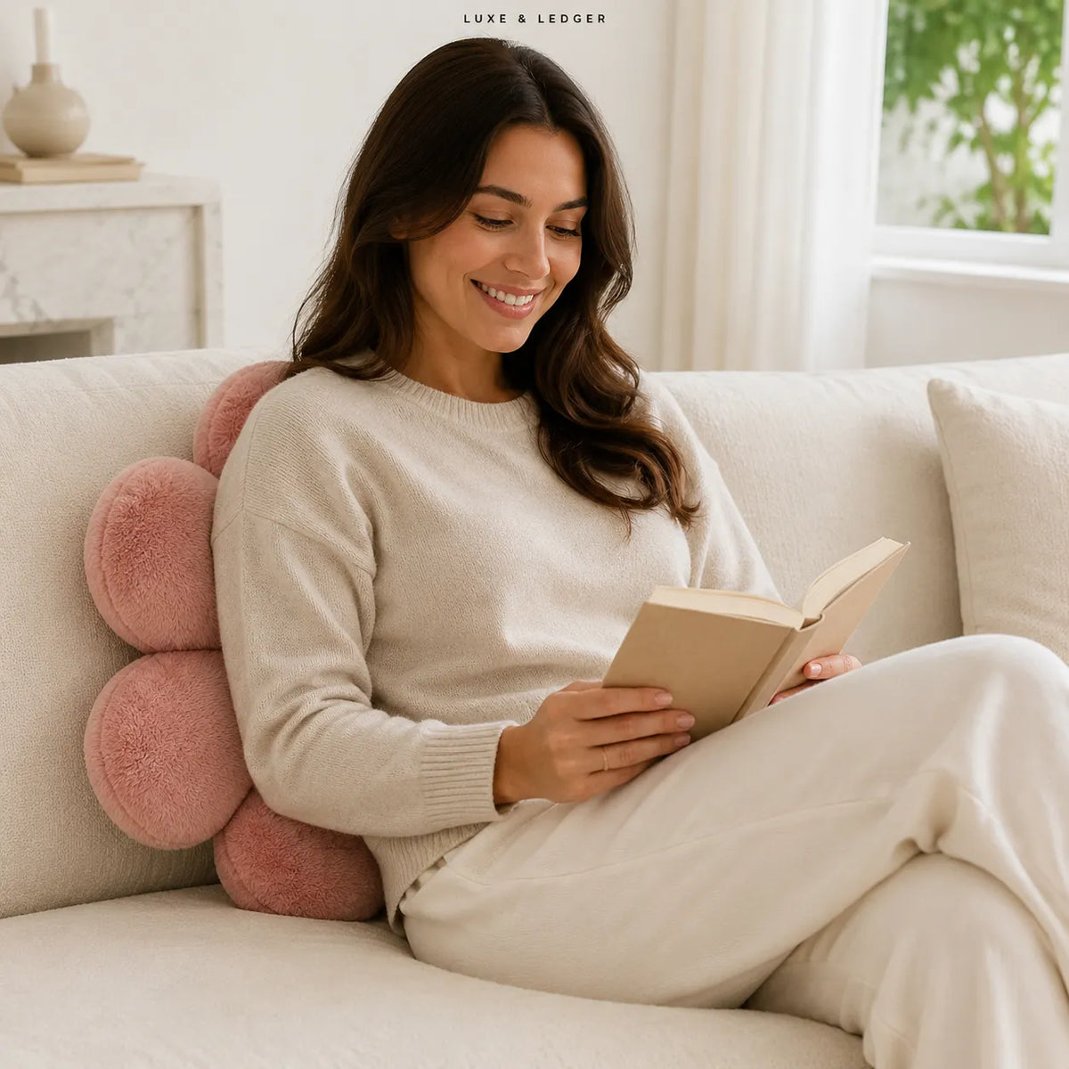 A woman sits on a cream sofa reading a book, supported by a pink flower-shaped lumbar pillow. She is wearing a cream knit sweater and matching pants.