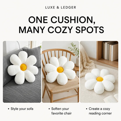 A promotional collage for a daisy-shaped throw pillow from Luxe & Ledger, showing the white plush cushion with a yellow center styled on a sofa, a wooden chair, and on a floor in a cozy room setting. Text reads 'ONE CUSHION, MANY COZY SPOTS'.