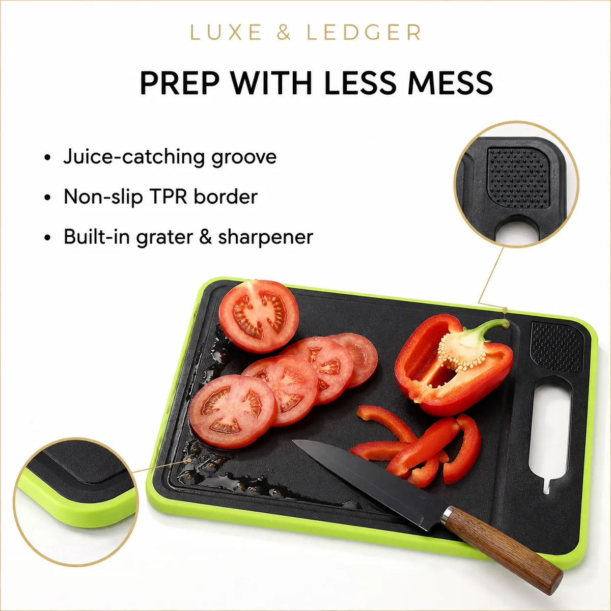 A black and lime green cutting board with a built-in knife sharpener and handle cutout, shown on a white background with feature callouts and text. Sliced tomatoes, a red bell pepper, and a knife are placed on the board.