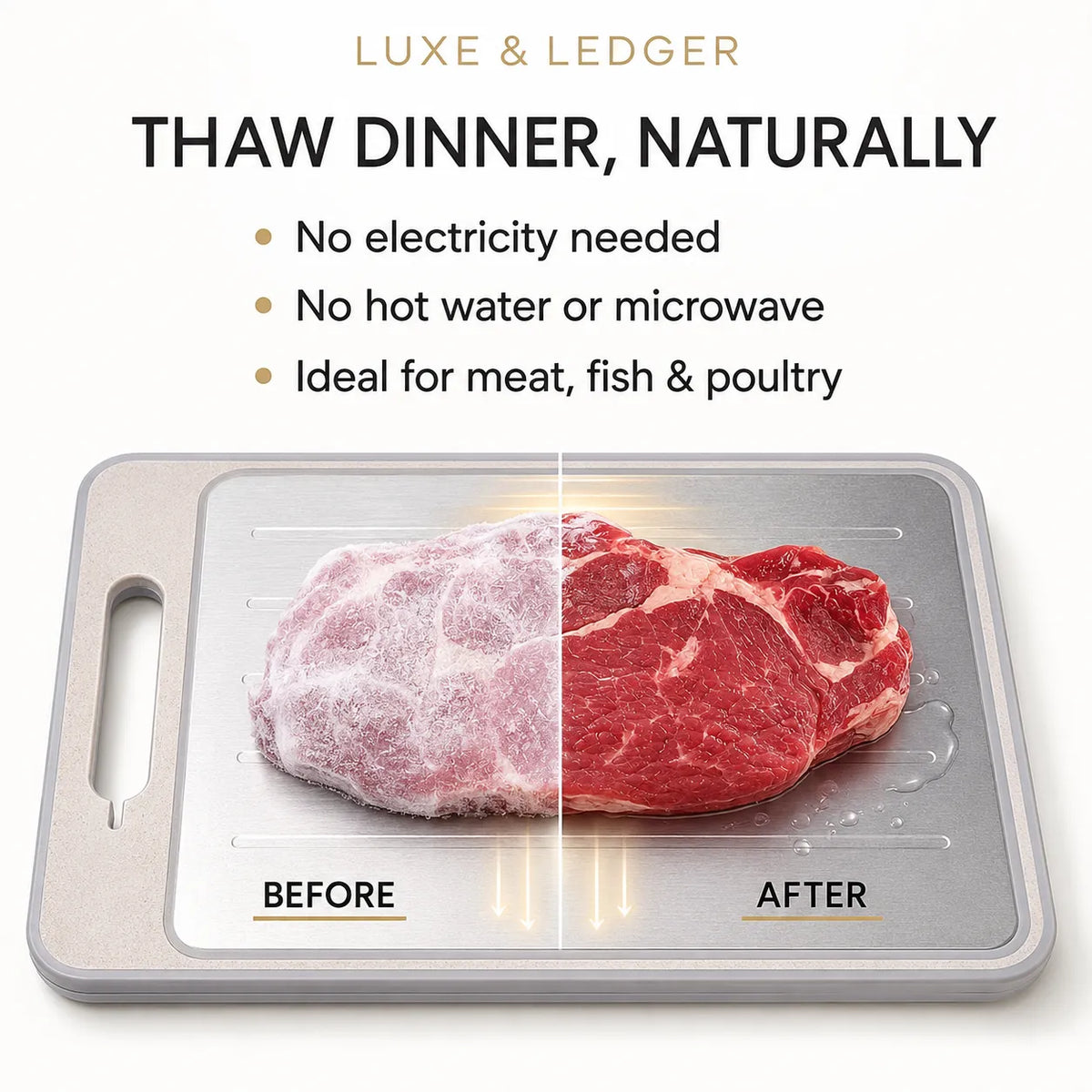 A stainless steel dinner board with a handle, shown on a white background with marketing text reading 'THAW DINNER, NATURALLY' and bullet points about thawing meat, fish, and poultry. The board displays a split before/after view of a frozen raw steak, with the after side thawed and glistening.