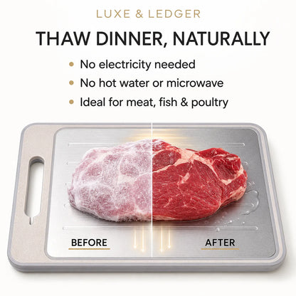 A stainless steel dinner board with a handle, shown on a white background with marketing text reading 'THAW DINNER, NATURALLY' and bullet points about thawing meat, fish, and poultry. The board displays a split before/after view of a frozen raw steak, with the after side thawed and glistening.