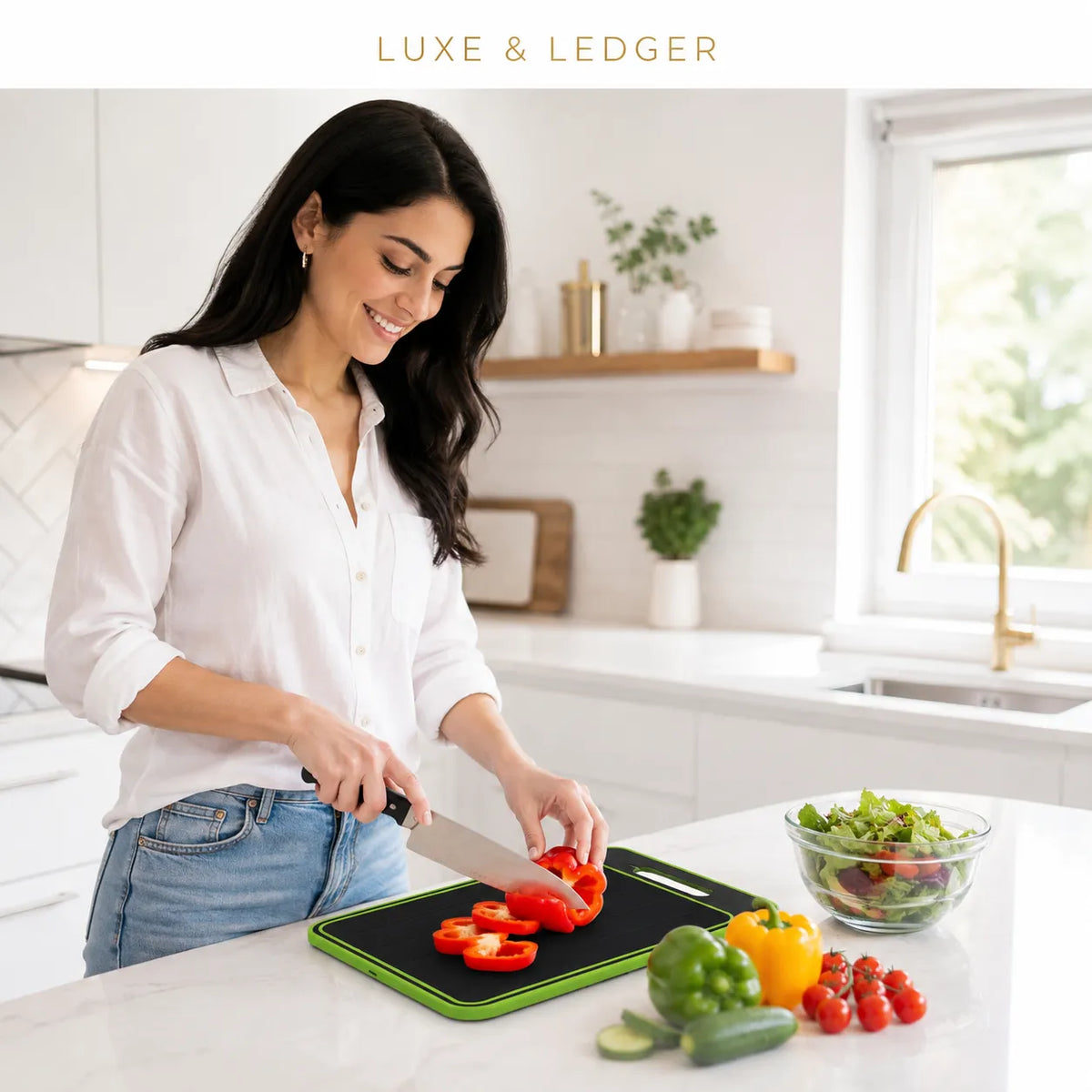 A woman in a white button-up shirt and blue jeans slices a red bell pepper on a black cutting board with a green edge on a white kitchen countertop. A bowl of salad, a green pepper, a yellow pepper, and cherry tomatoes are nearby, with a text banner at the top reading 'LUXE & LEDGER'.