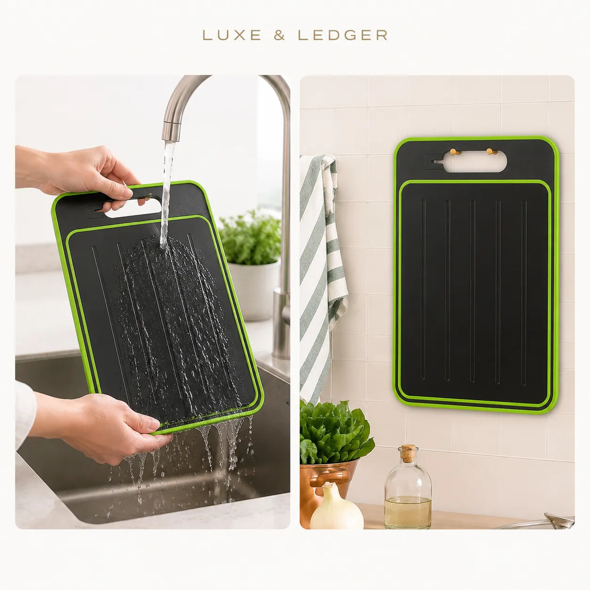 A black flexible cutting board with a bright green border is shown in a split kitchen scene. The left panel shows a hand washing the board under running water in a sink, and the right panel shows the board hanging on a tiled wall.