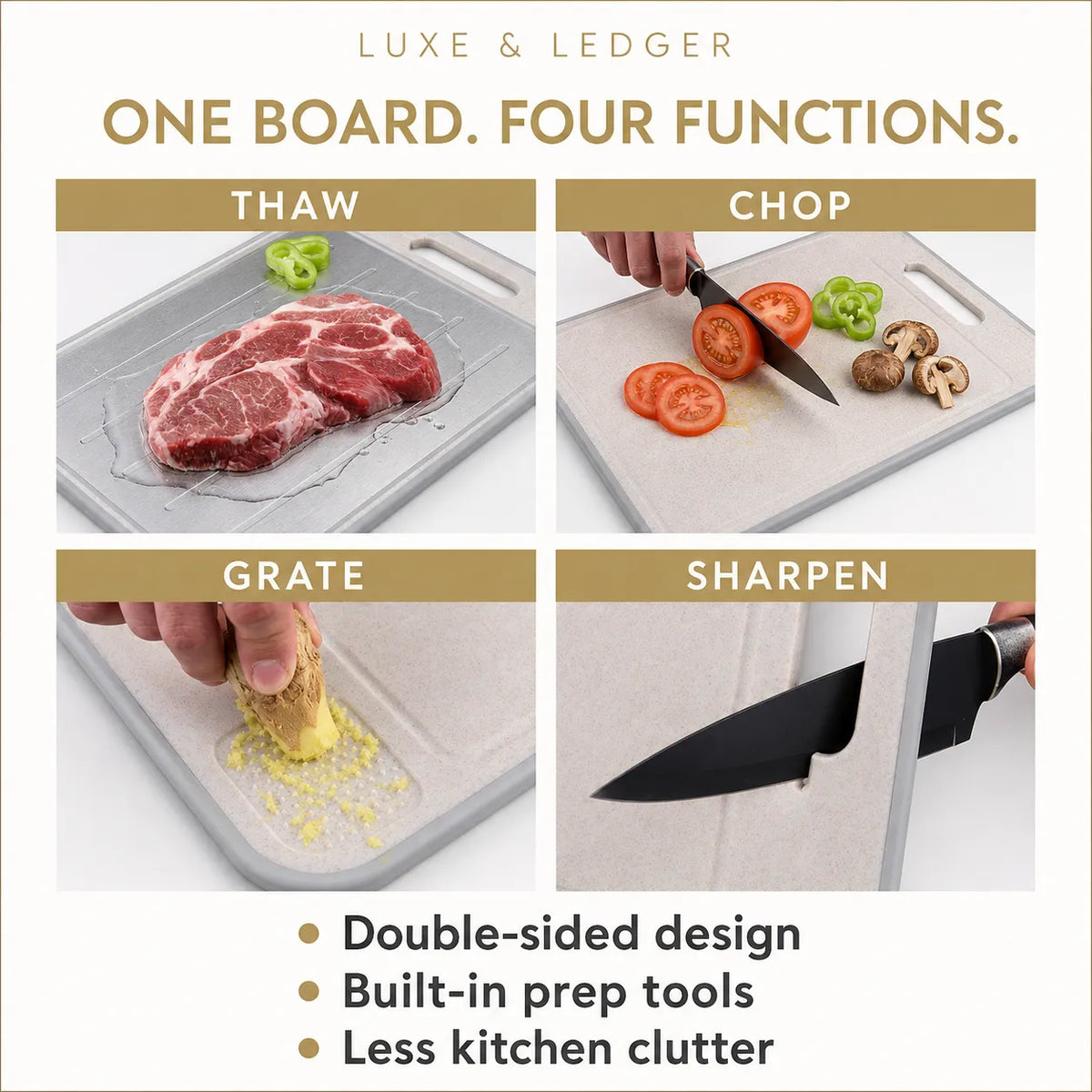 A promotional collage for a single cutting board with four panels showing different uses: thawing raw meat, chopping tomatoes and mushrooms, grating cheese, and sharpening a knife. Text at the top reads 'LUXE & LEDGER' and 'ONE BOARD.