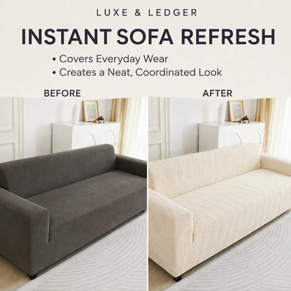 Before-and-after comparison of a sofa cover being worn on a sofa in a bright living room. The left panel shows a dark gray sofa with a fitted cover labeled 'BEFORE,' and the right panel shows the same sofa with a light cream sofa cover labeled 'AFTER.
