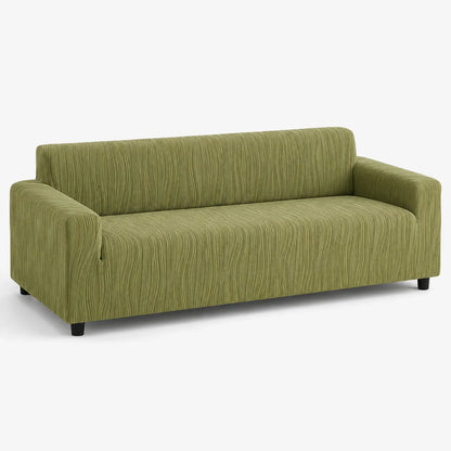 A modern three-seat sofa upholstered in textured olive green fabric, shown from a three-quarter angle against a plain white background.