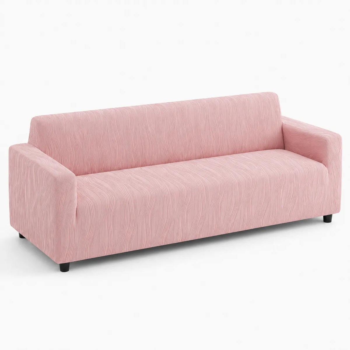 A modern three-seat sofa upholstered in textured light pink fabric, shown from a three-quarter angle against a plain white background.