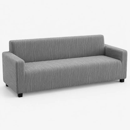 A modern gray fabric sofa with a textured wavy pattern, shown from a three-quarters angle against a plain white background.