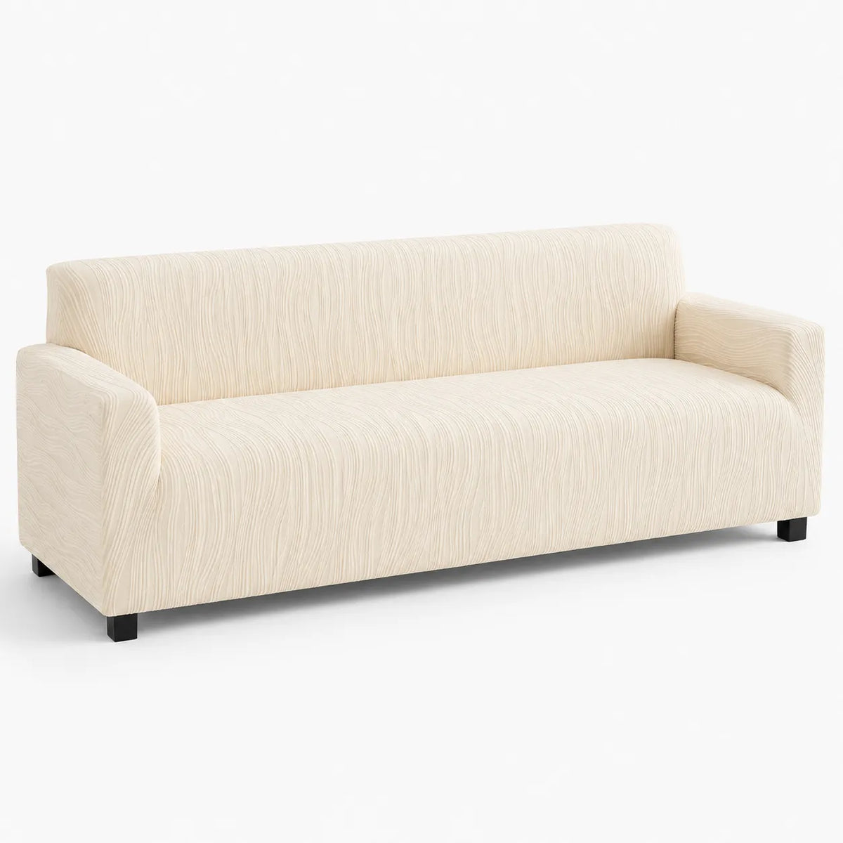 A modern three-seater sofa upholstered in a textured cream fabric, shown from a three-quarter angle against a plain white background.