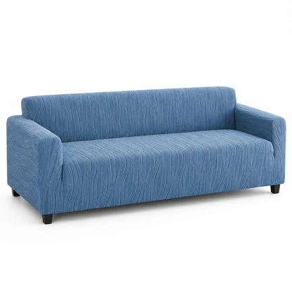 A three-seat sofa upholstered in textured blue fabric with a subtle wavy pattern, shown from a three-quarter angle on a white background.