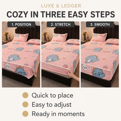 A promotional infographic for a pink cartoon dinosaur blanket or bed cover, showing three steps to put it on a bed: position, stretch, and smooth. The text reads 'COZY IN THREE EASY STEPS' and 'LUXE & LEDGER'.
