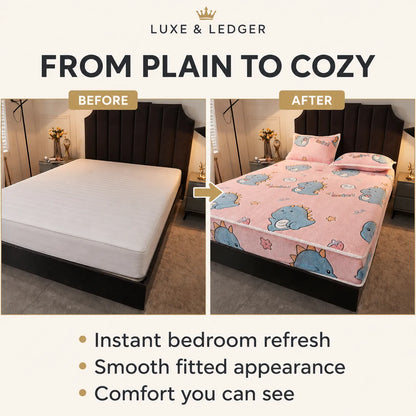 Before and after comparison of a mattress on a bed, showing a plain white mattress labeled 'BEFORE' on the left and a pink fitted sheet with cartoon dinosaur prints labeled 'AFTER' on the right. The brand name 'LUXE & LEDGER' is shown at the top, with marketing text at the bottom.