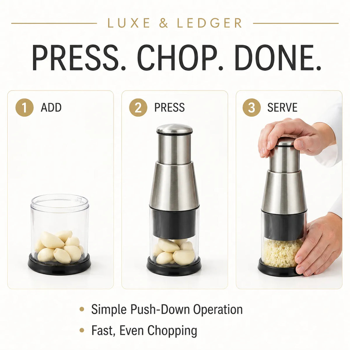 CHOPSNAP™ 3-step how-to guide: add garlic, press down, serve — simple push-down operation