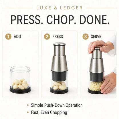CHOPSNAP™ 3-step how-to guide: add garlic, press down, serve — simple push-down operation