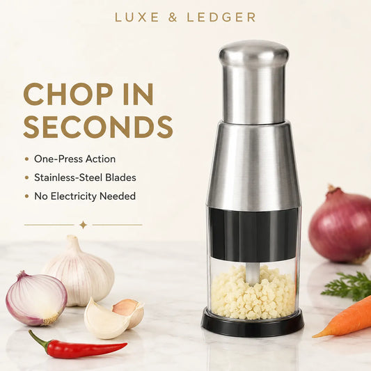 CHOPSNAP™ manual food chopper with stainless steel body, filled with chopped garlic, surrounded by onion, garlic, chilli and carrot