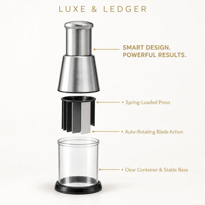 CHOPSNAP™ exploded view showing spring-loaded press, auto-rotating blade, and clear container with stable base