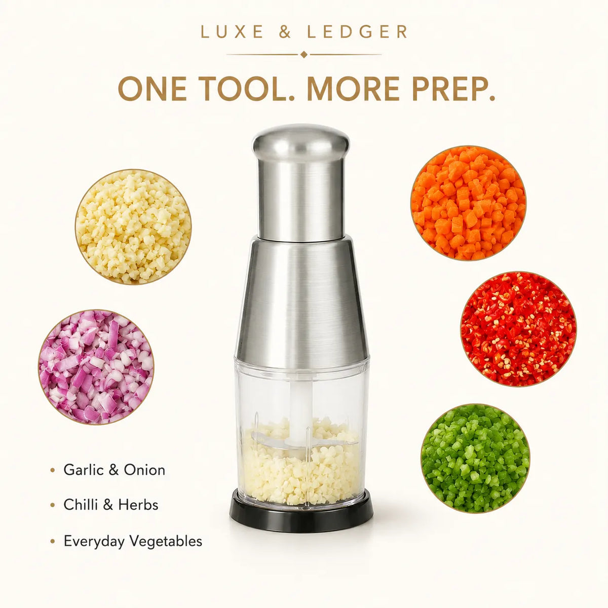 CHOPSNAP™ manual vegetable chopper with chopped onion inside, compact kitchen tool