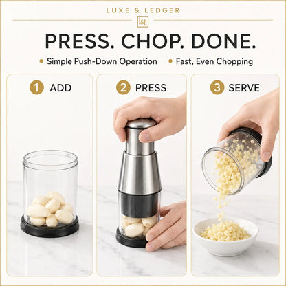 CHOPSNAP™ 3-step usage guide: add garlic cloves, press, pour chopped garlic into bowl