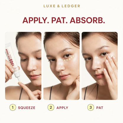 3-step application guide for 1988 Retinol Eye Cream: squeeze tube, apply dots under eye, pat gently to absorb