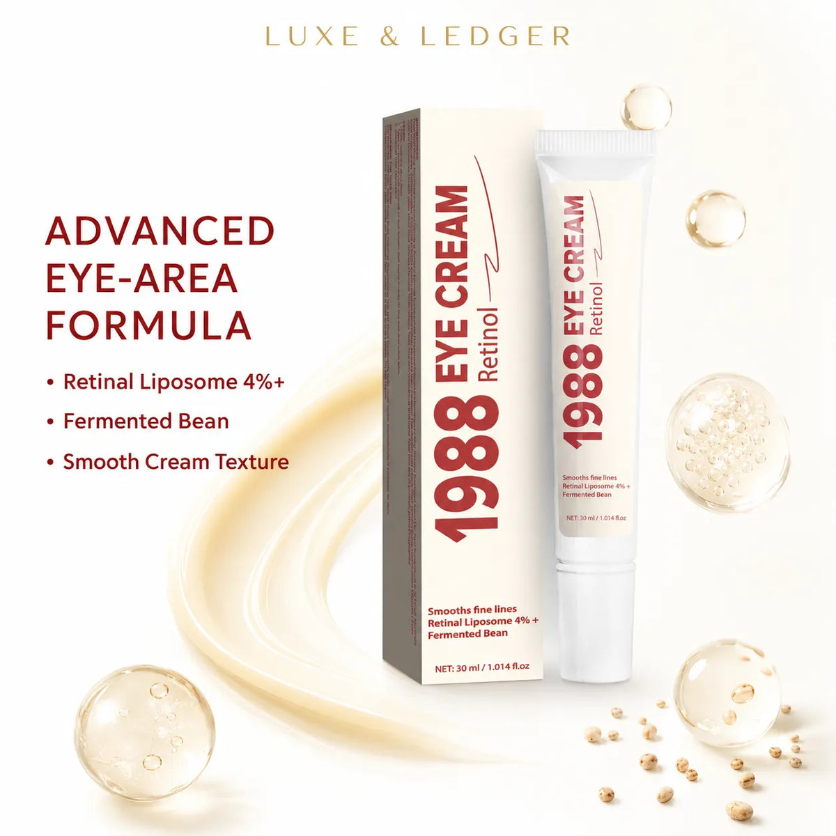 1988 Retinol Eye Cream tube and box with Retinal Liposome 4%, Fermented Bean formula, smooth cream texture — advanced eye-area formula