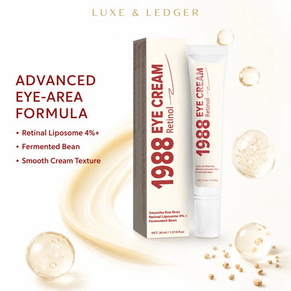 1988 Retinol Eye Cream tube and box with Retinal Liposome 4%, Fermented Bean formula, smooth cream texture — advanced eye-area formula