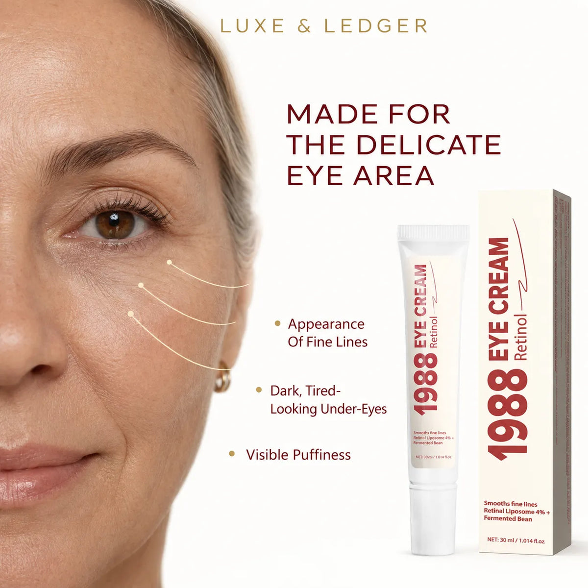 Close-up of mature woman's eye area showing fine lines, dark circles and puffiness — 1988 Retinol Eye Cream targets delicate eye area concerns
