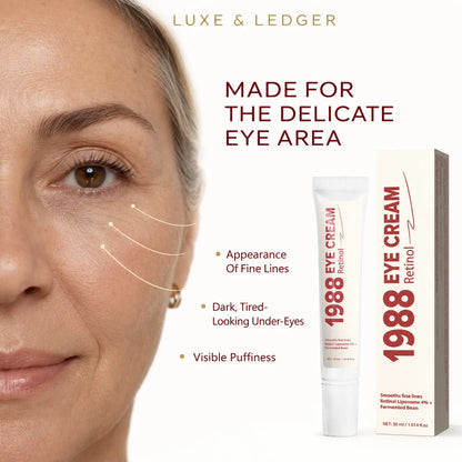 Close-up of mature woman's eye area showing fine lines, dark circles and puffiness — 1988 Retinol Eye Cream targets delicate eye area concerns