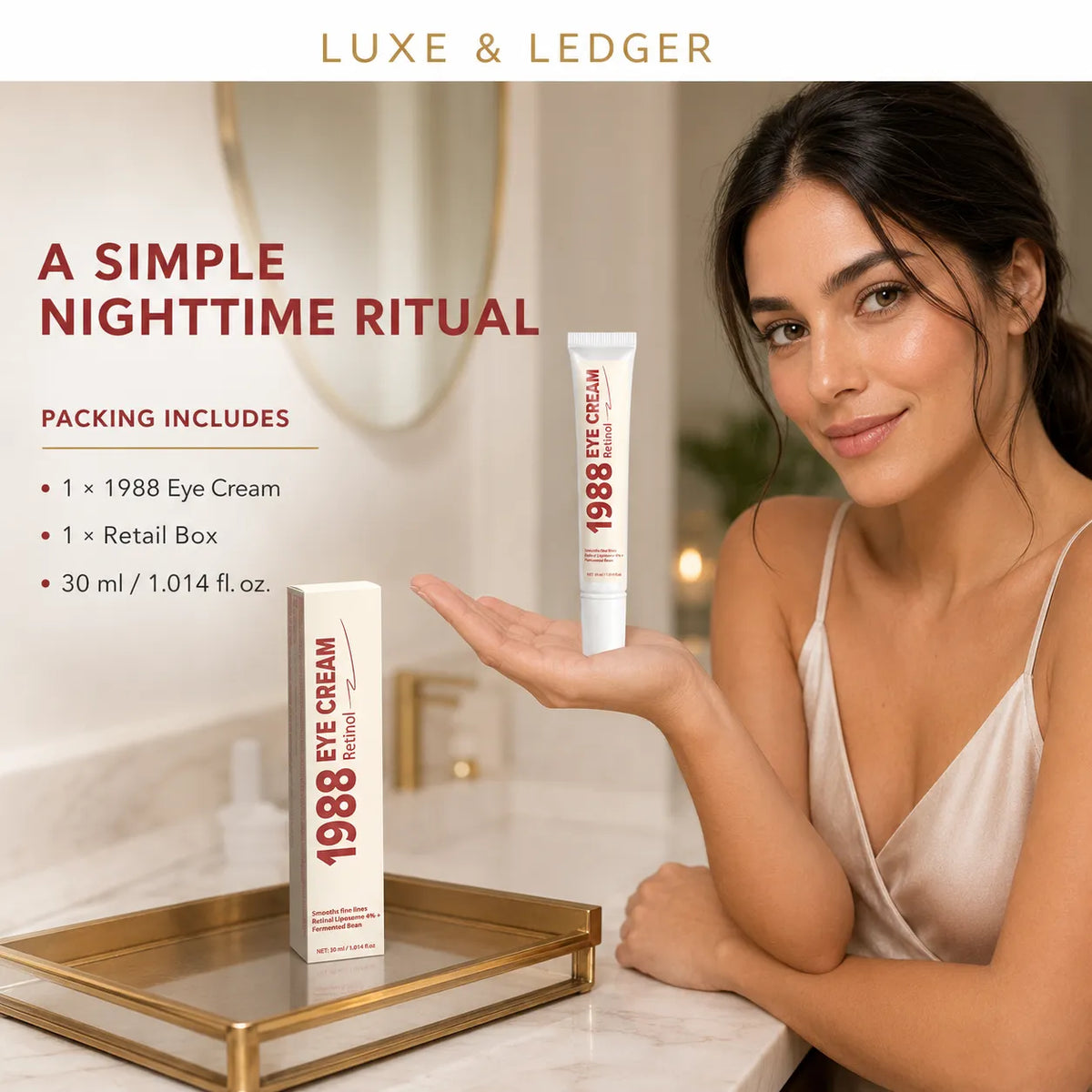Woman holding 1988 Retinol Eye Cream tube above retail box on gold tray — nighttime skincare ritual, 30ml package contents